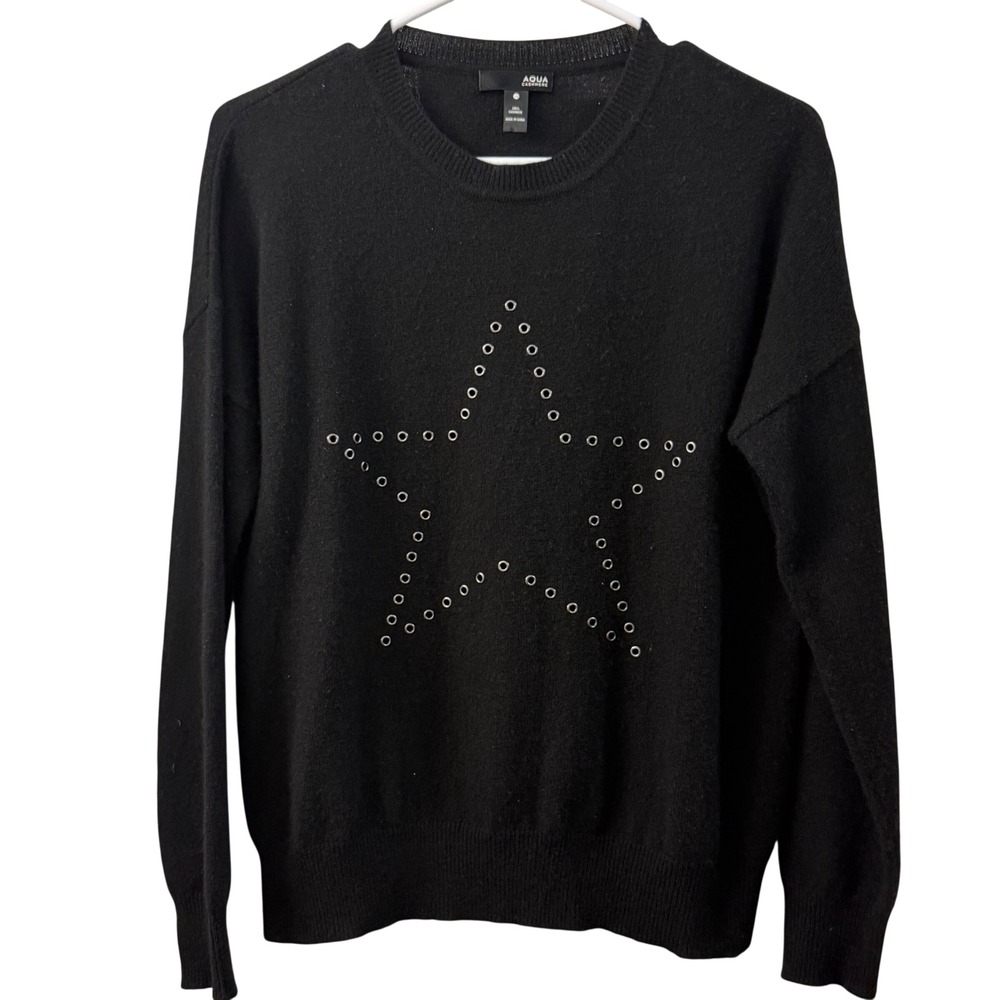 AQUA Cashmere XS Black Star Grommet Pullover Sweater 100% Cashmere Crewneck